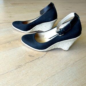 Black fabric ankle strap 3.5 inch wedge